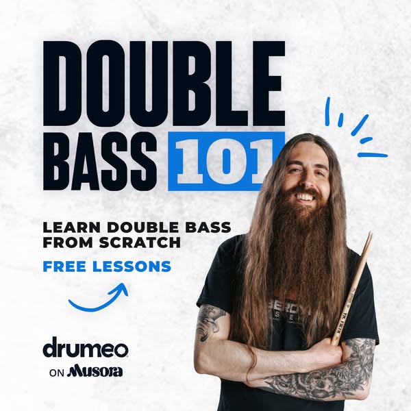 This ad promotes Drumeo, an online platform for learning to play drums, and offers free lessons to learn the double bass