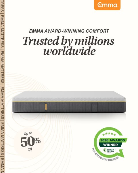 This image ad for Emma Mattress highlights its awards and the trust placed in it by millions worldwide. The ad also feat