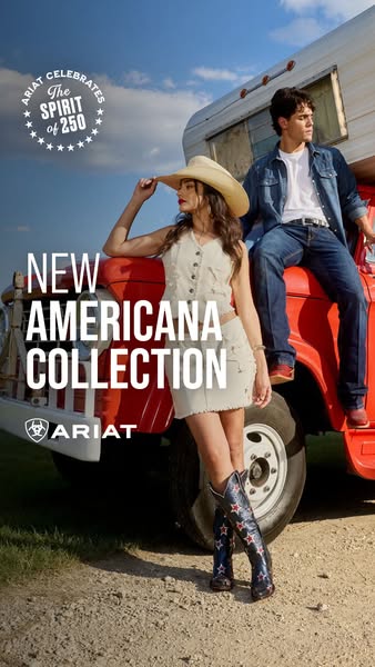 The ad showcases Ariat's new Americana Collection, featuring a model wearing the collection's clothing and boots