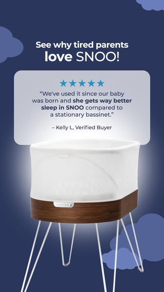 This ad uses a customer testimonial to promote the SNOO bassinet, highlighting its effectiveness in improving infant sle