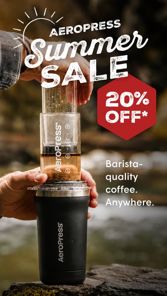 This image ad for AeroPress promotes a summer sale with a 20% discount on their barista-quality coffee maker, emphasizin