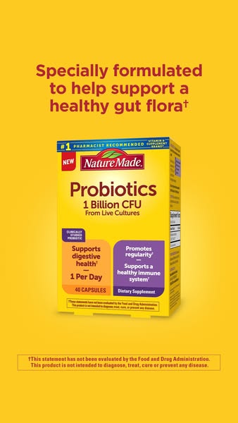 This image ad for Nature Made Probiotics highlights the product's benefits for digestive health and regularity, emph