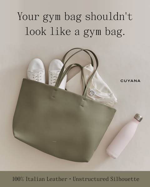 This Meta image ad from Cuyana features a neutral-toned, eye-level shot of their olive green leather tote bag. The bag i