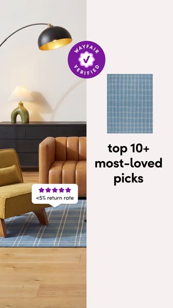 This ad showcases Wayfair's top 10+ most-loved picks with a focus on a blue plaid rug. The ad uses a split-screen de