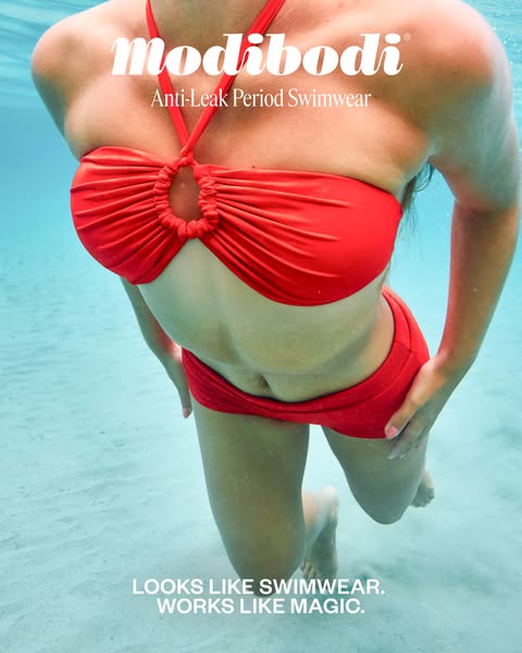 This ad showcases Modibodi's anti-leak period swimwear. The ad features a woman underwater wearing a red two-piece s