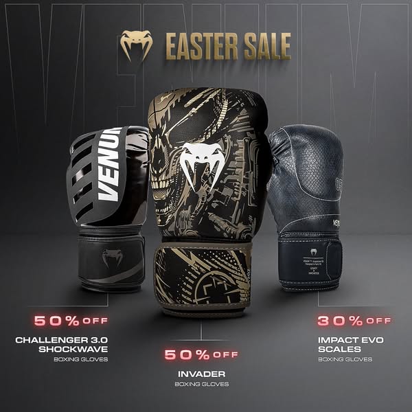 This image ad promotes boxing gloves from Venum with a limited-time Easter sale offering up to 50% off select styles. Th