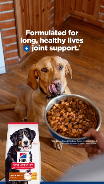 This ad for Hill's Science Diet dog food features a dog and a bag of food, highlighting the food's formulation f