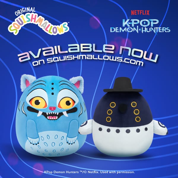 This image ad features two Squishmallow plushies, one blue tiger and one black and white character from the show K-Pop D
