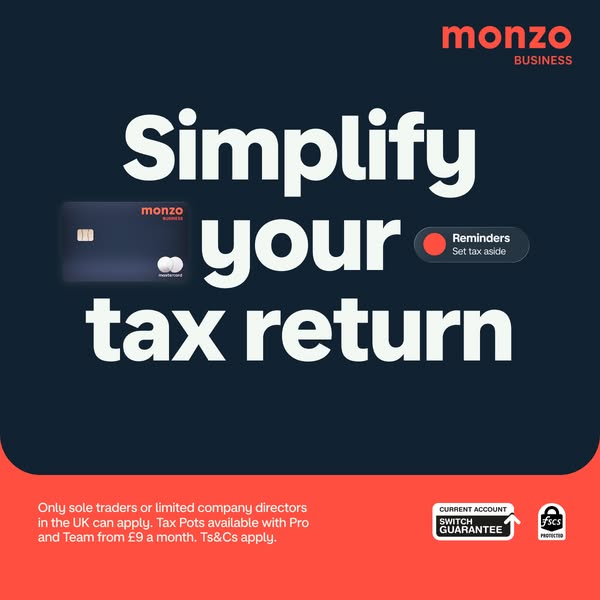 This ad promotes Monzo Business, highlighting its features for simplifying tax returns for sole traders and company dire