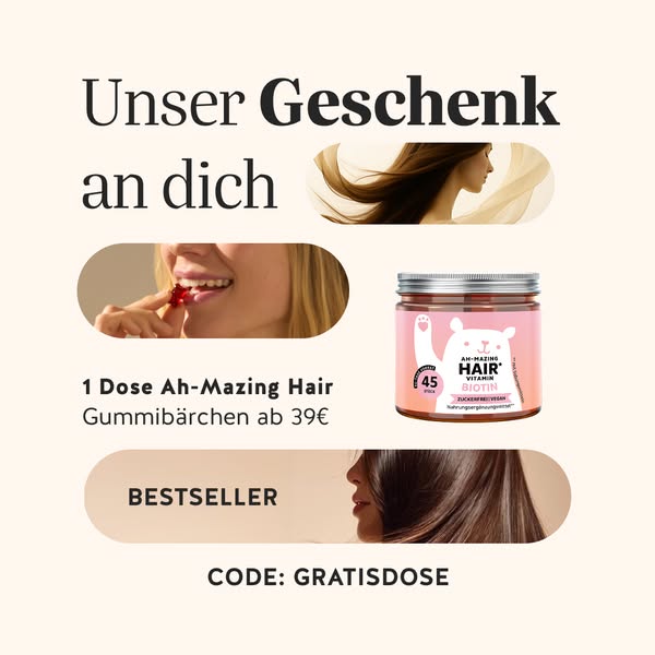 This image ad is for Ah-mazing Hair Vitamin gummies, promoting them as 'bestsellers' and offering a free dose wi
