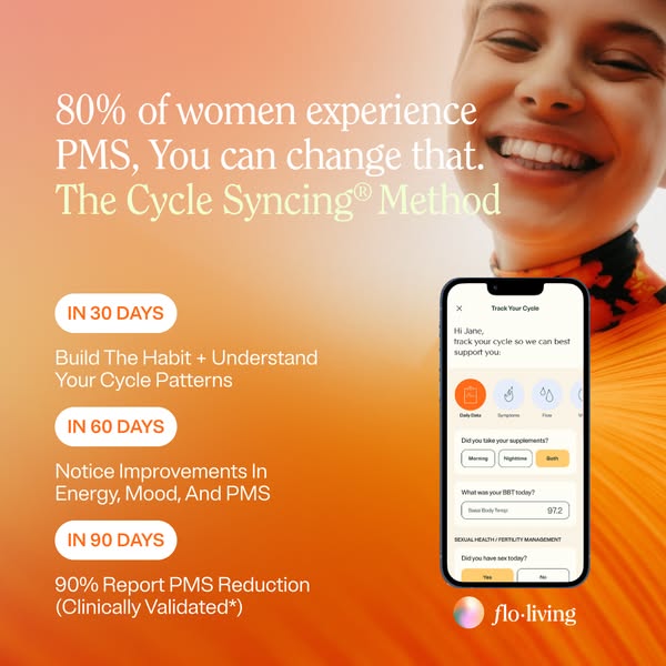 This ad promotes Flo Living's Cycle Syncing Method, highlighting its ability to reduce PMS symptoms and improve ener