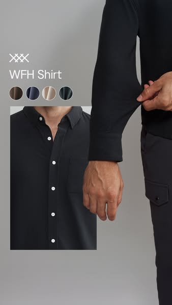 A close up product shot shows the flexibility and comfort of a black men's button down shirt. The man pulls the fabr