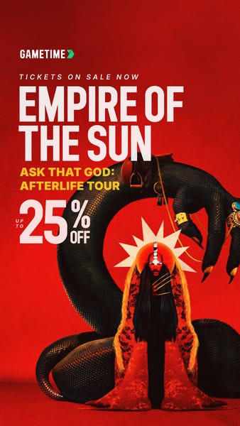 Image ad for Empire of the Sun's Afterlife tour, offering up to 25% off tickets purchased through Gametime.