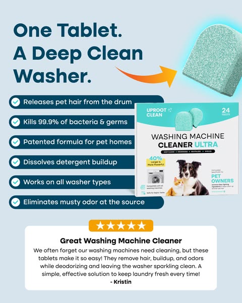 This ad promotes Uproot Clean Washing Machine Cleaner Ultra tablets. The ad features a product shot with key features of