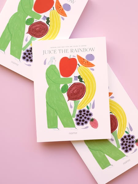 This ad features a whimsical illustration of a woman juicing fruits and vegetables, promoting the Noma brand and the con
