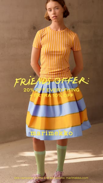 This image ad features a model wearing a yellow and white striped shirt with a blue and yellow horizontally striped skir
