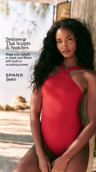This ad promotes Spanx's shaping swimwear. It features a woman in a red swimsuit and highlights the sculpting and sn