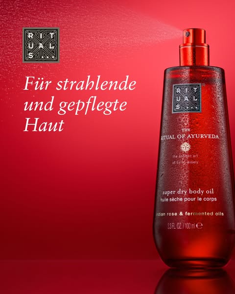 This ad is for Rituals' super dry body oil, specifically the Ritual of Ayurveda version, highlighting the oil's 