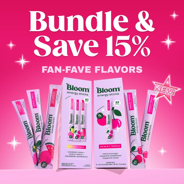 An ad for Bloom Nutrition energy sticks. The ad promotes a 15% off bundle of fan-favorite flavors.