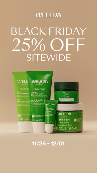 This ad for Weleda promotes a Black Friday sale of 25% off sitewide from November 26th to December 1st. The ad features 