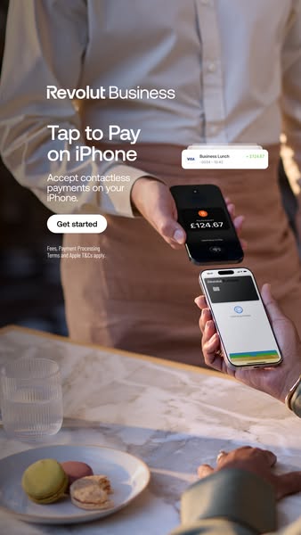 This image ad promotes Revolut Business and the ability to accept contactless payments on your iPhone. It demonstrates t