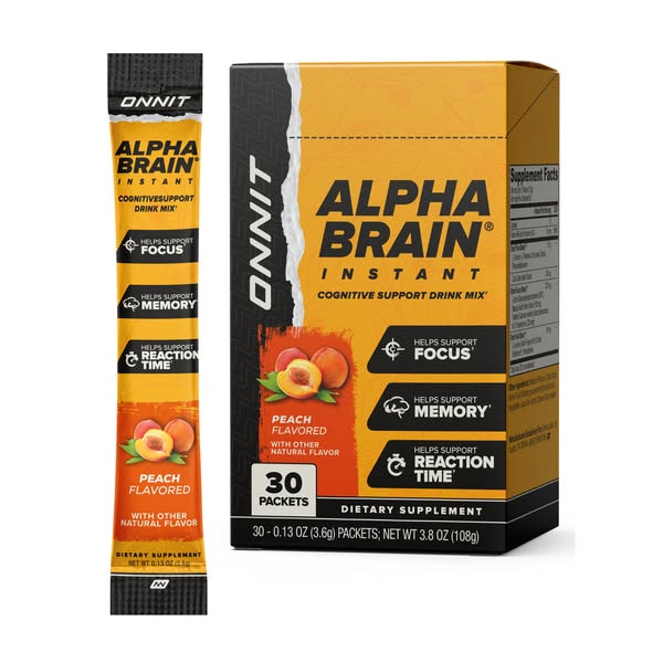 This ad features Onnit's Alpha Brain Instant cognitive support drink mix in peach flavor. It highlights the product&