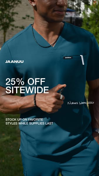 This image ad for Jaanuu promotes a 25% off sitewide sale during Nurses Week 2020. The ad features a man wearing a Jaanu