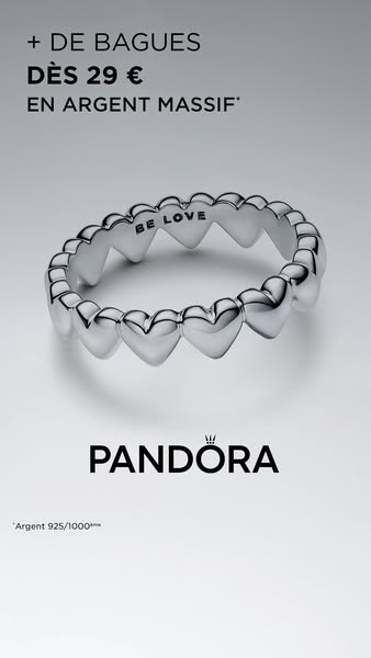 This ad showcases a Pandora ring made of solid silver, highlighting its design and affordability.