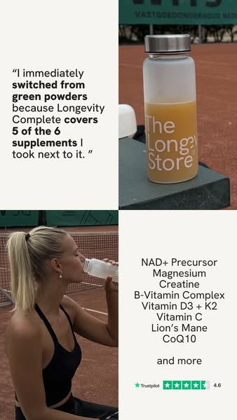 This ad features a customer testimonial for Longevity Complete, highlighting its comprehensive coverage of supplements. 