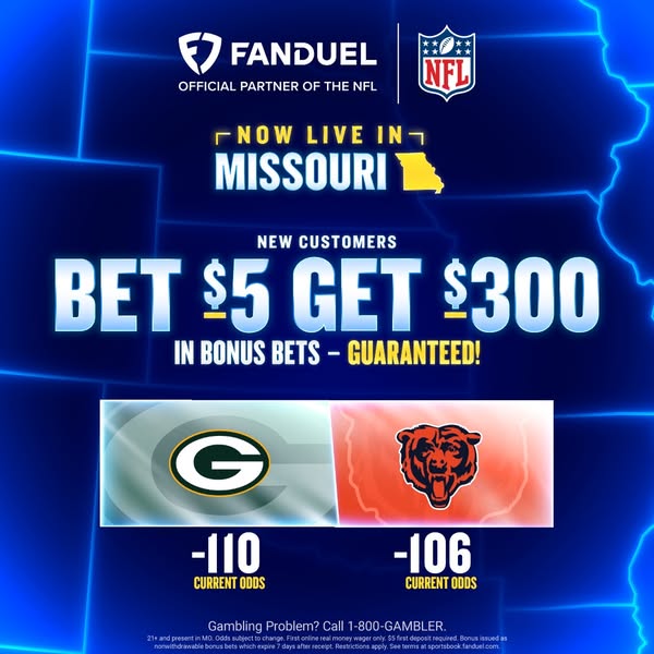 This image ad promotes Fanduel's sports betting platform, highlighting its availability in Missouri and offering a b