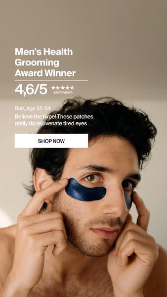 This ad promotes men's eye patches for rejuvenating tired eyes and features a testimonial from Rob, age 55-64. The a