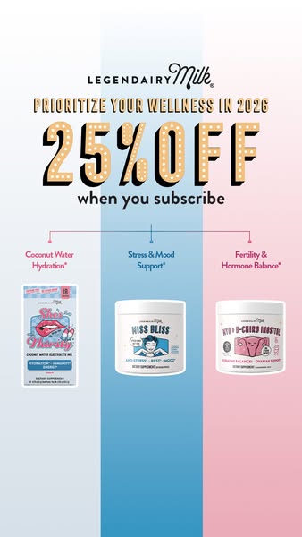 This ad promotes Legendary Milk products, offering 25% off when you subscribe. It highlights three products: a coconut w