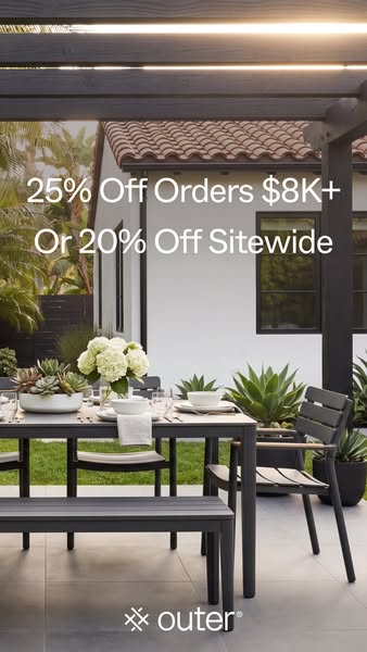 This ad for Outer furniture highlights an outdoor dining set arranged on a patio. The copy focuses on an offer of either