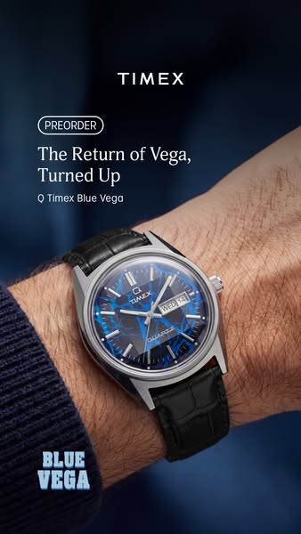 This ad showcases the Timex Q Blue Vega watch, highlighting its design and availability for preorder.