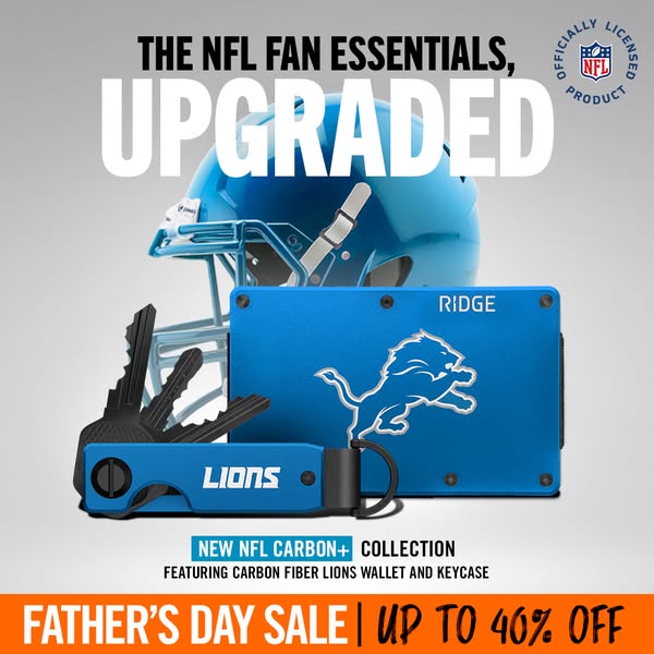 This ad showcases the Ridge brand's NFL Carbon+ Collection, featuring a wallet and keycase with the Detroit Lions lo