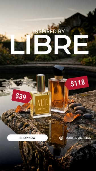 This ad features ALT. fragrances, specifically highlighting a scent inspired by LIBRE. It showcases two perfume bottles 