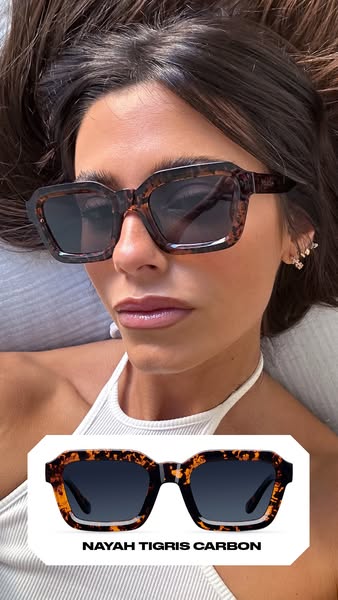 This ad features a selfie-style photo of a woman wearing tortoise-shell sunglasses from the brand Nayah. A product shot 