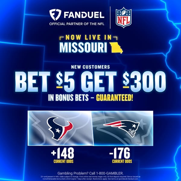 This image ad is promoting the Fan Duel app to new customers in Missouri. It has a map of the United States in the backg