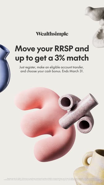 This ad for Wealthsimple promotes an RRSP transfer and offers a 3% match for eligible transfers. The ad features a simpl