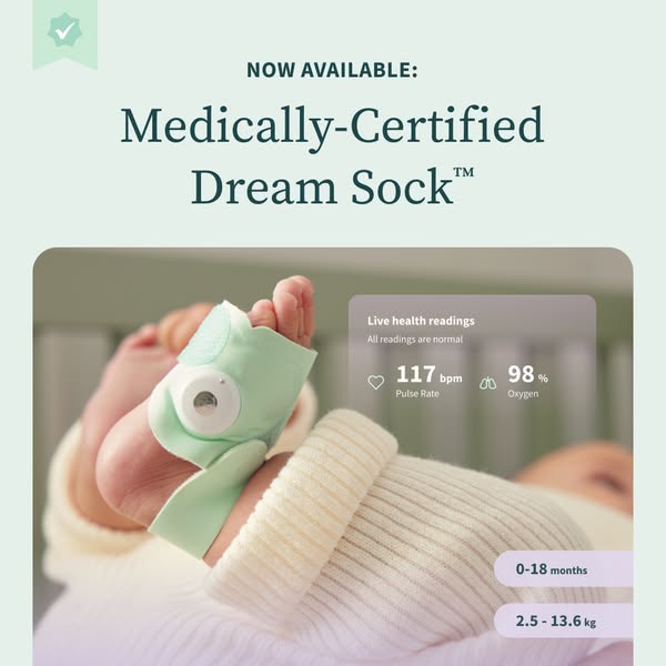 This ad promotes the Medically-Certified Dream Sock, which monitors a baby's pulse rate and oxygen levels. The ad fe