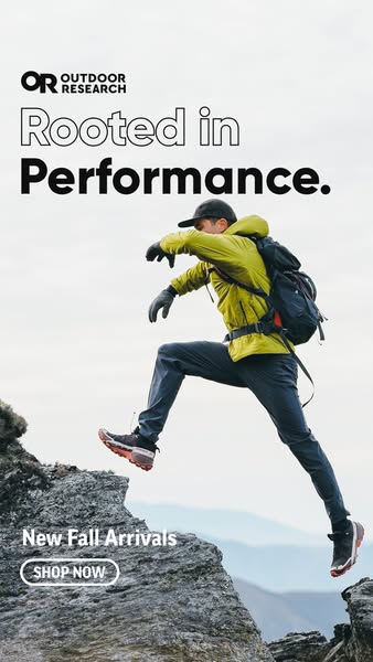 This ad for Outdoor Research features a man leaping across rocks in a mountainous environment. The ad highlights the bra