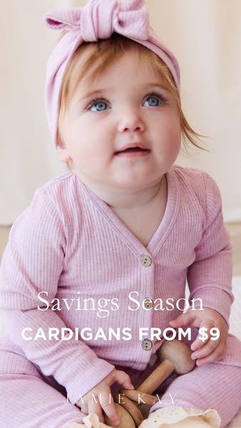 This ad features a baby wearing a pink cardigan and matching headband. The ad promotes a sale on cardigans from Jamie Ka