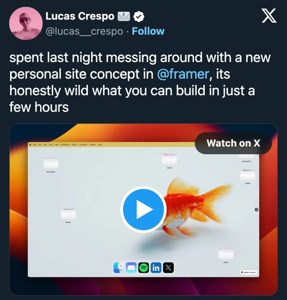 This ad is a screenshot of a social media post from Lucas Crespo, showcasing a personal site concept built using Framer.