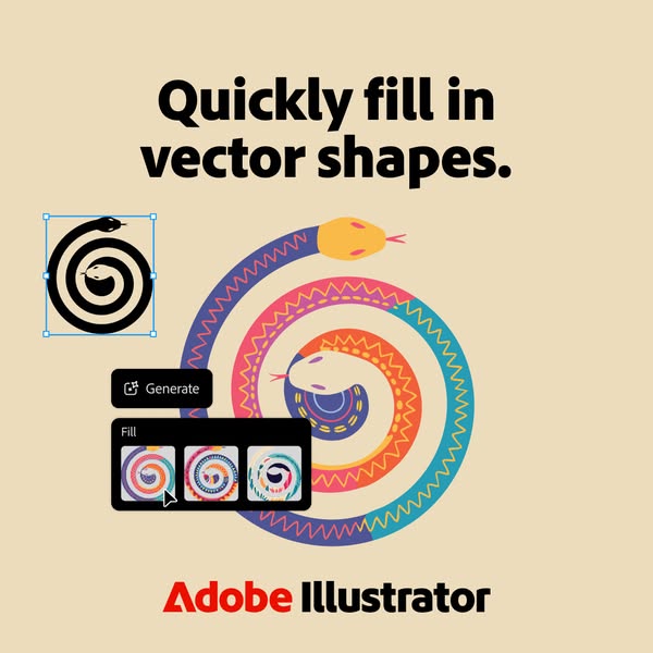 This ad for Adobe Illustrator highlights the software's ability to quickly fill in vector shapes. The ad shows a vec