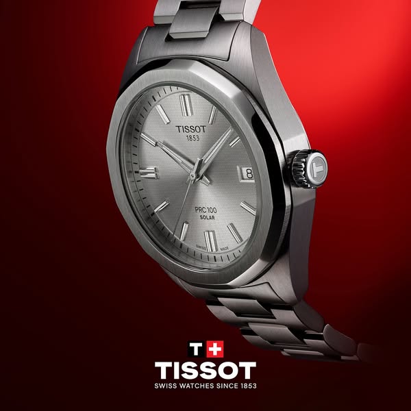 This ad showcases a Tissot PRC 100 Solar watch against a red background. The ad emphasizes the brand's heritage and 