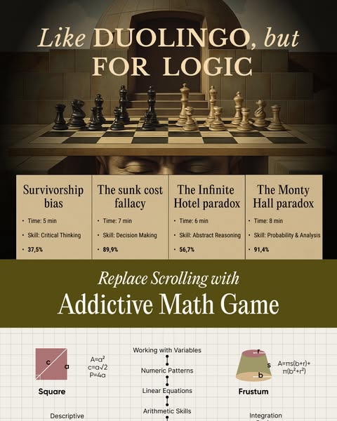 This image ad for an addictive math game uses a chess board and math equations to convey the message that the game is li