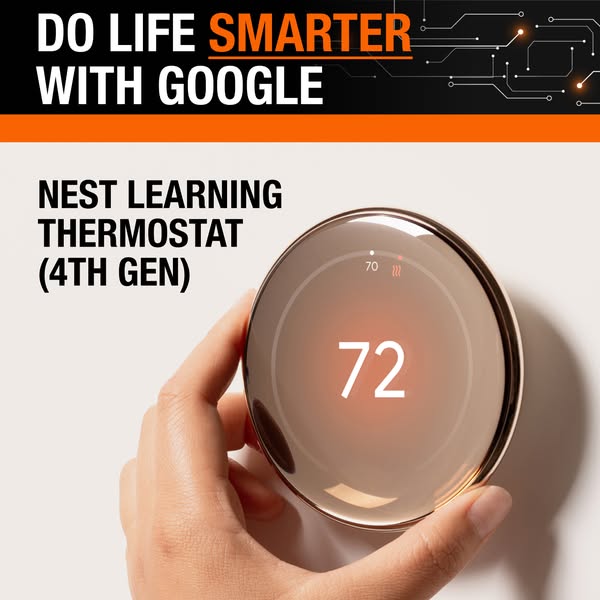 This ad promotes the Nest Learning Thermostat (4th gen) by Google, highlighting its ability to make life smarter. The ad