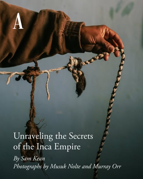 This ad promotes the book "Unraveling the Secrets of the Inca Empire" by Sam Kean, featuring a visual of a han