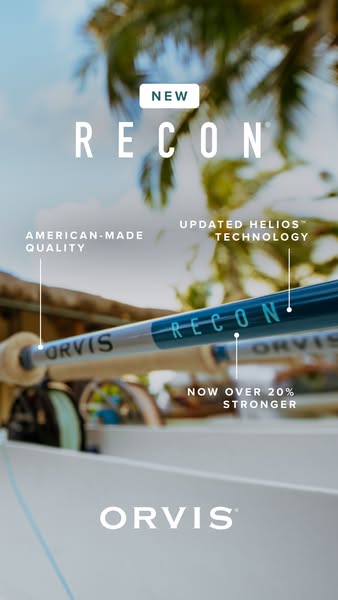 This ad for Orvis promotes their new Recon fly fishing rod by highlighting updated Helios technology, American-made qual