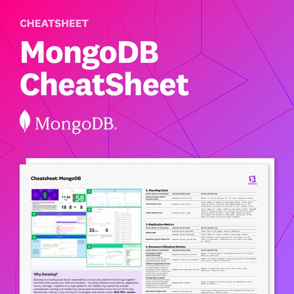 This ad promotes Datadog's observability and security platform, highlighting its MongoDB Cheatsheet as a resource fo